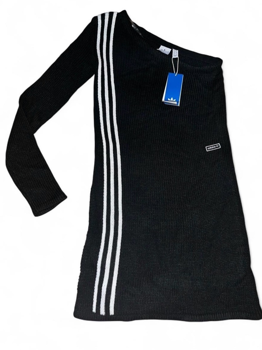 adidas Black One-Shoulder Knit Dress with White Stripes & Slit